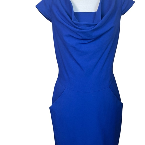 Calvin Klein Royal Blue Sheath Dress Pockets Career Cocktail Drape Neck Sz 2 EUC - Picture 3 of 11